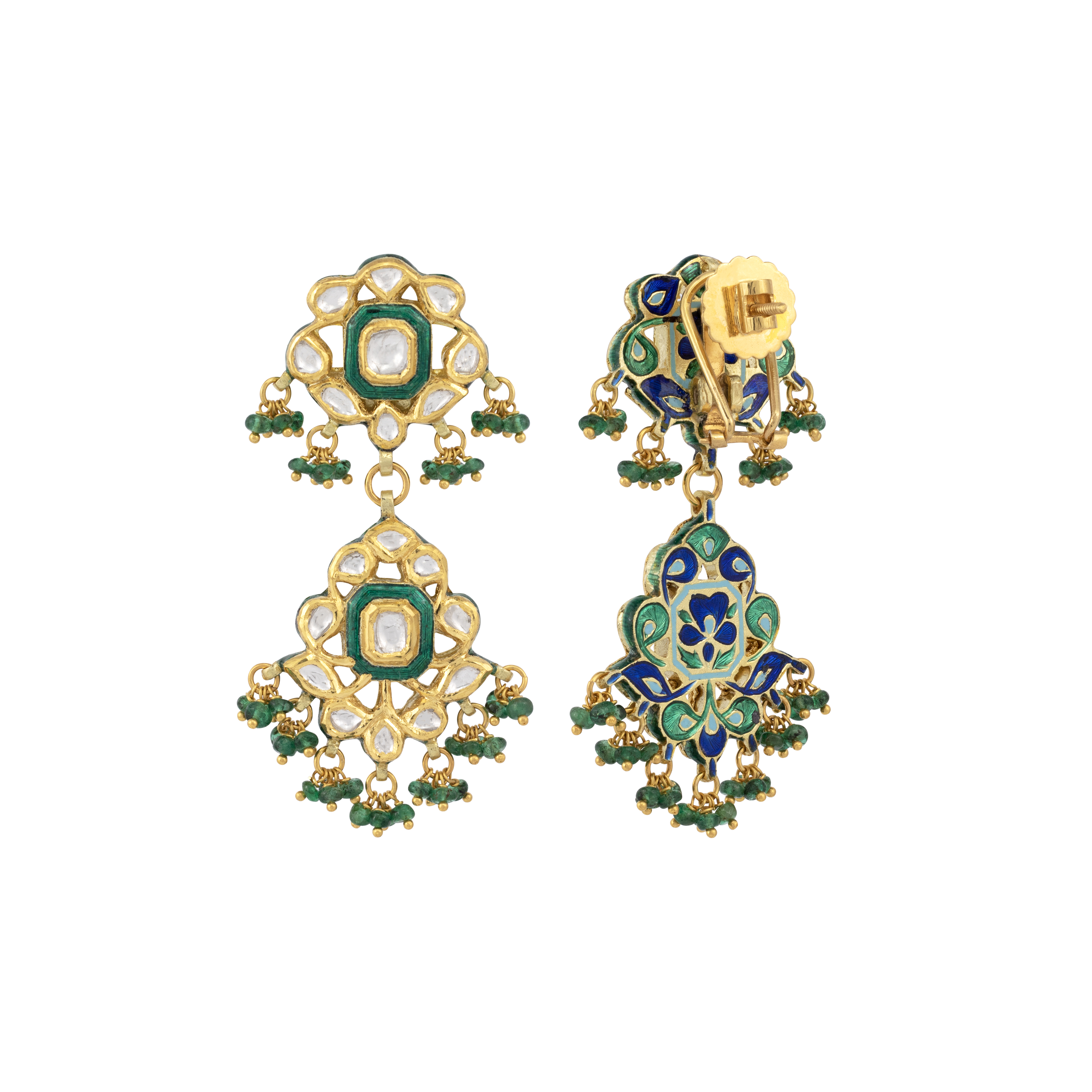 Double-Tier Polki Earrings with Green Meenakari